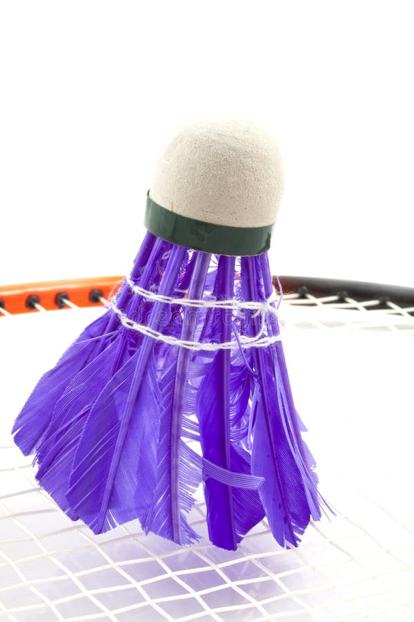 Purple shuttle on a racket isolated over white. Purple shuttle on a racket isolated over white