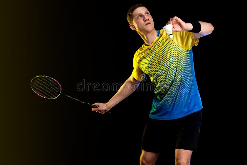 Badminton Player in Sportswear Racket and Shuttlecock on Black Individual Sports. Sports Recreation. Stock Image - Image of racket,