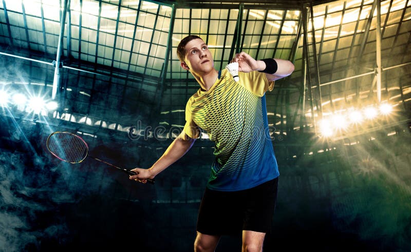 Badminton Player in Sportswear with Racket and Shuttlecock on Stadium.  Olympic Game. Stock Image - Image of leisure, play: 171340259