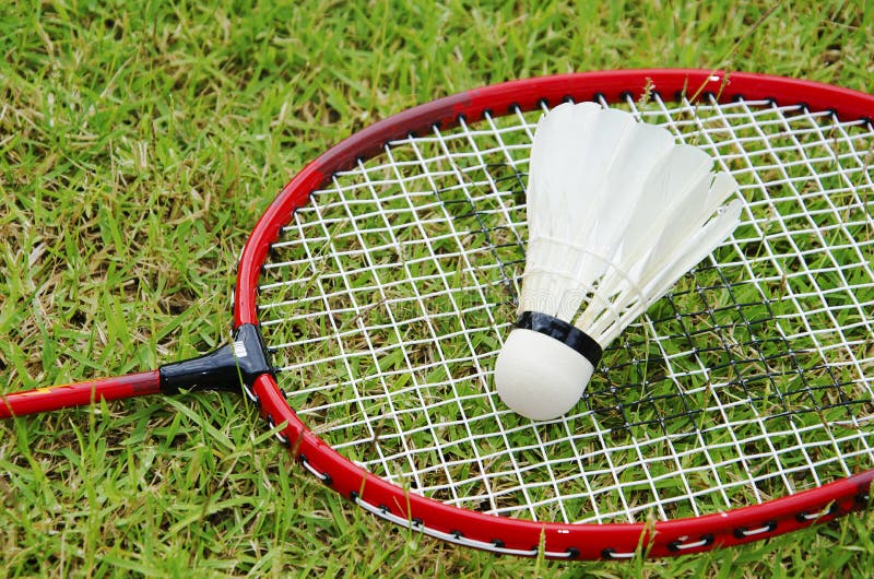 Closeup Of Badminton Racket On Grass In Summer Park Stock Image Image