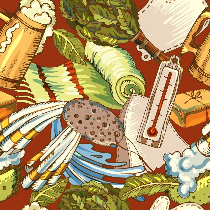 Badtoebehoren op een chaotische manier Russisch bad Finse sauna Naadloos patroon voor verpakkingsontwerp en stof voor vector illustratie Badtoebehoren op een chaotische manier Russisch bad Finse sauna Naadloos patroon voor verpakkingsontwerp en stof voor vector illustratie