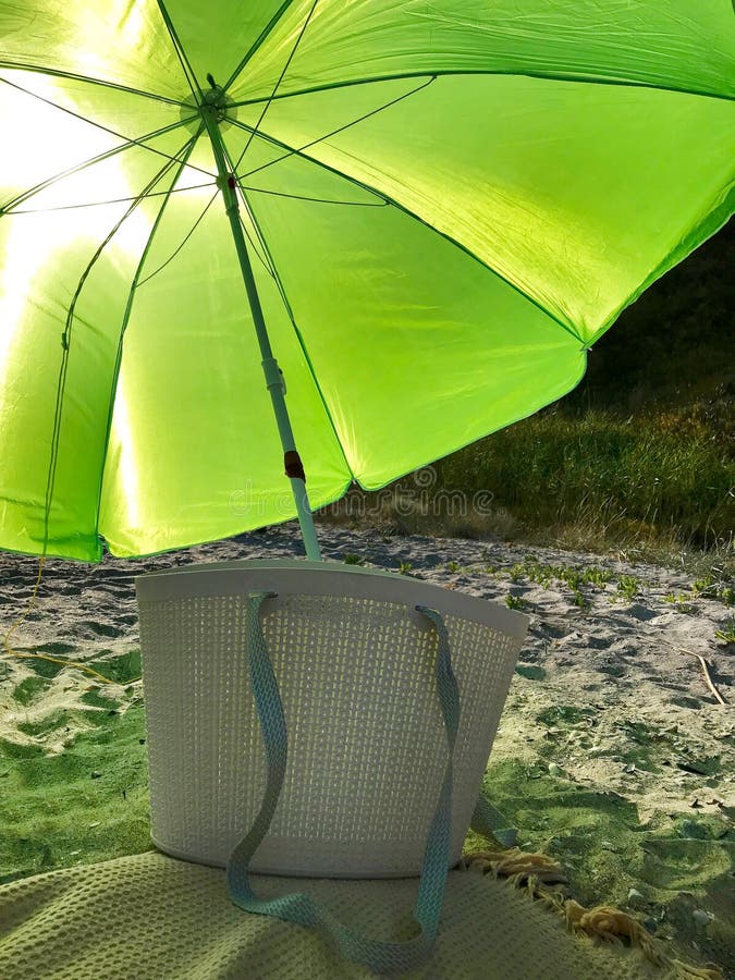 Bag, Beach and Beach Umbrella. Stock Photo Image of summer, nature