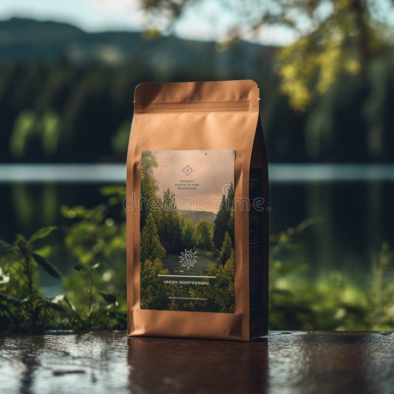 A bag of coffee sitting on top of a wooden table. Generative AI image. royalty free illustration