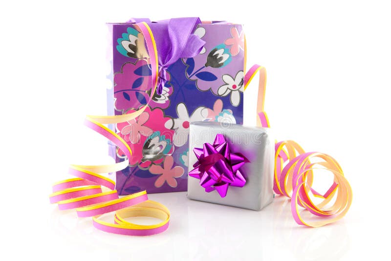 Bag with Gift and Party Streamer Stock Photo Image of present
