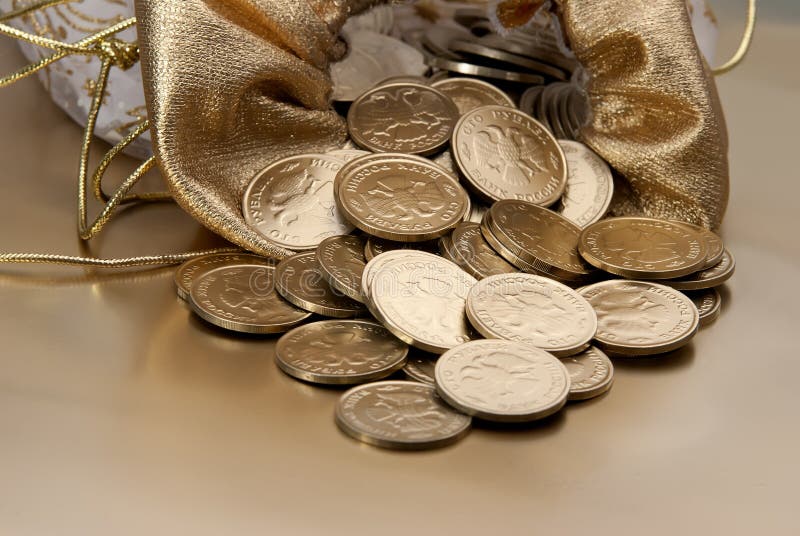 Bag With Gold Coins On A Gold Background Stock Image - Image of gold, success: 18410975