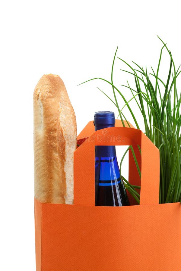 Bag with Greens, Baguette, and Wine Bottle Stock Image Image of