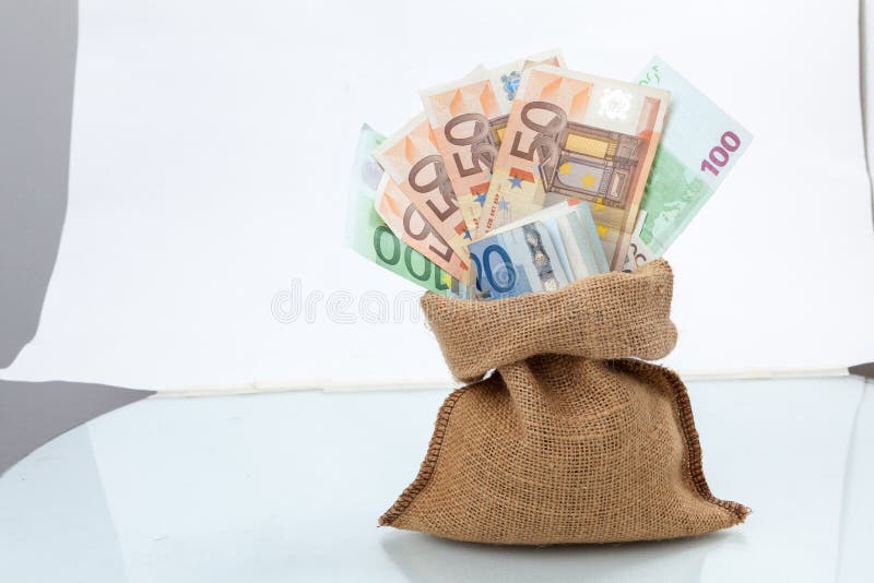 Bag of money euro bills stock photo. Image of earnings 80786806
