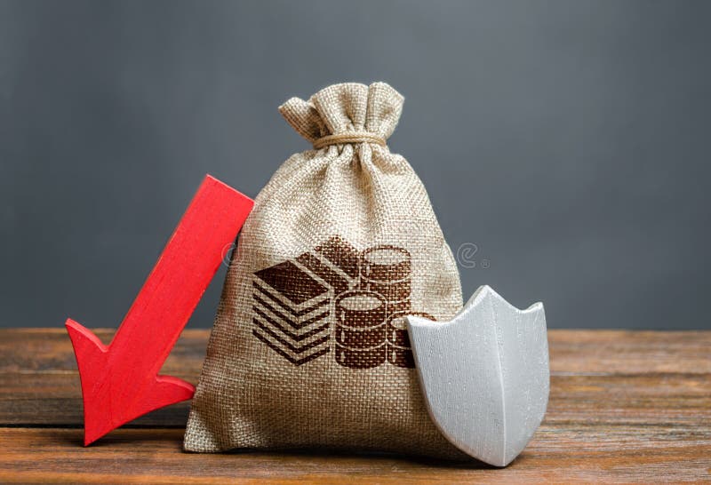 Bag with money symbol, shield and red arrow down. Falling liquidity deposits, the likelihood of losing savings. Guaranteed