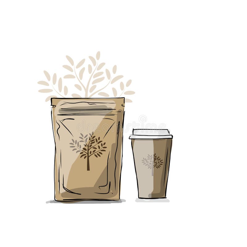 Bag packaging and take away coffee cup vector illustration