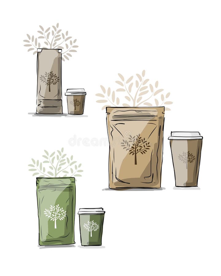 Bag packaging and take away coffee cup vector illustration