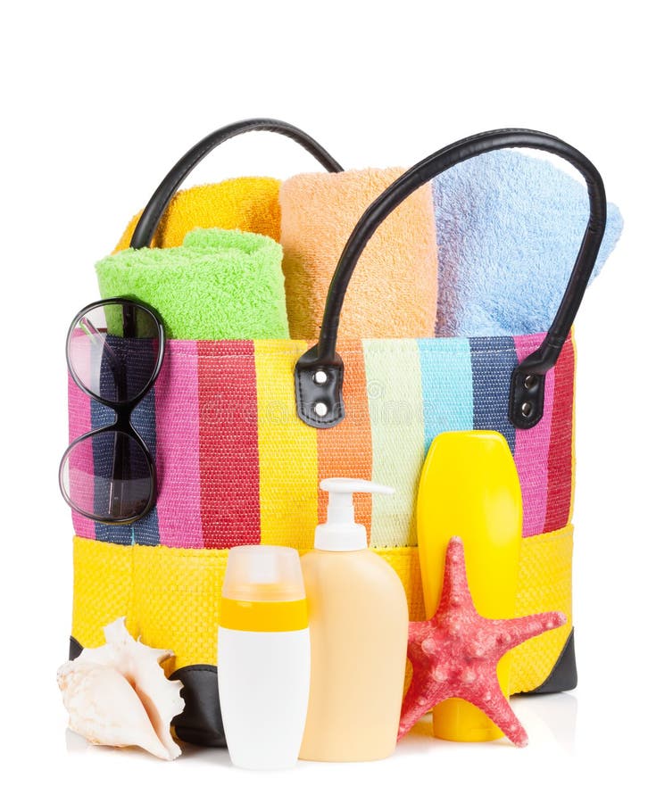 Beach bag with towels stock photo. Image of object, basket - 35297422
