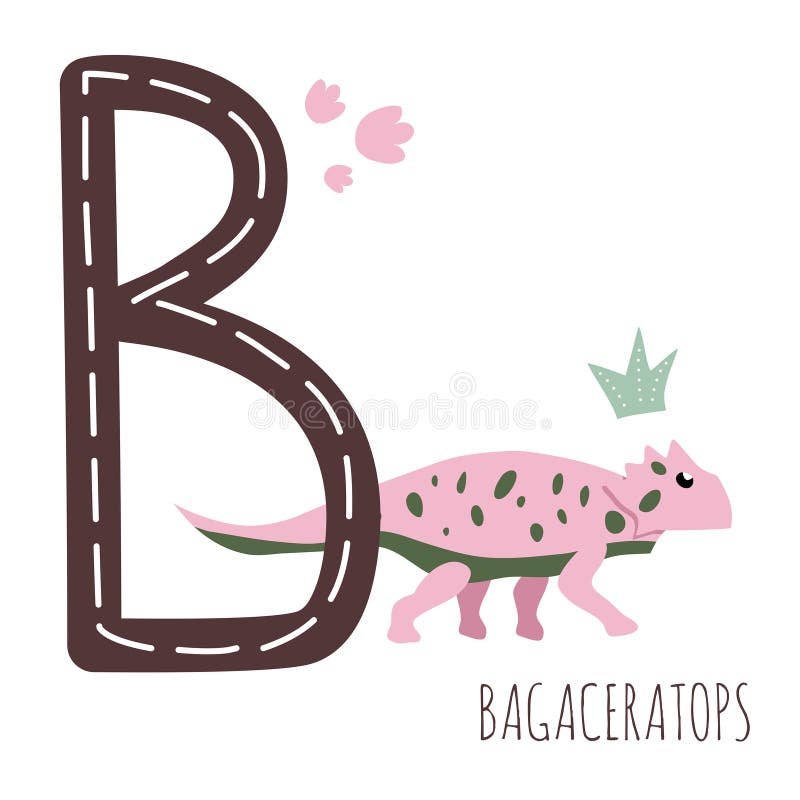 Bagaceratops. Letter B with reptile name. Hand drawn cute herbivores dinosaur. Educational prehistoric illustration. Dino alphabet. royalty free illustration