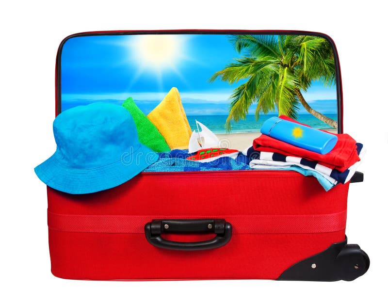 Bagage aan Vakantie, de Open Witte die Zak van de Reiskoffer wordt ingepakt, stock fotografie Bagage aan Vakantie, de Open Witte die Zak van de Reiskoffer wordt ingepakt, stock fotografie
