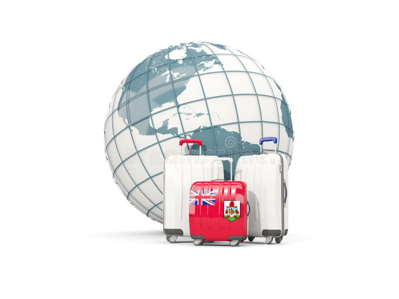 Bagage avec le drapeau des Bermudes Trois sacs devant le globe illustration libre de droits Bagage avec le drapeau des Bermudes Trois sacs devant le globe illustration libre de droits