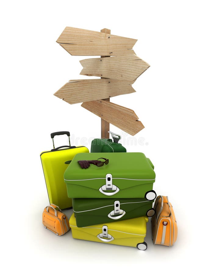 A pile of baggage and a rustic wooden sign with lots of copy space. A pile of baggage and a rustic wooden sign with lots of copy space