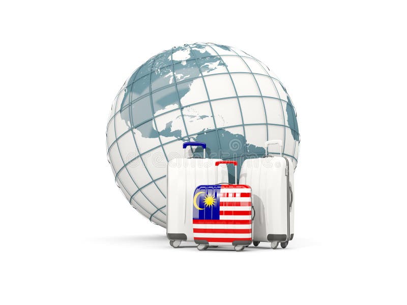 Bagage med flaggan av Malaysia Tre påsar framme av jordklot stock illustrationer Bagage med flaggan av Malaysia Tre påsar framme av jordklot stock illustrationer