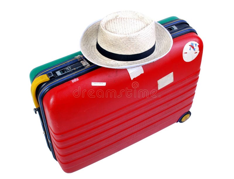 Hard case luggage with straw hat on white background. Hard case luggage with straw hat on white background