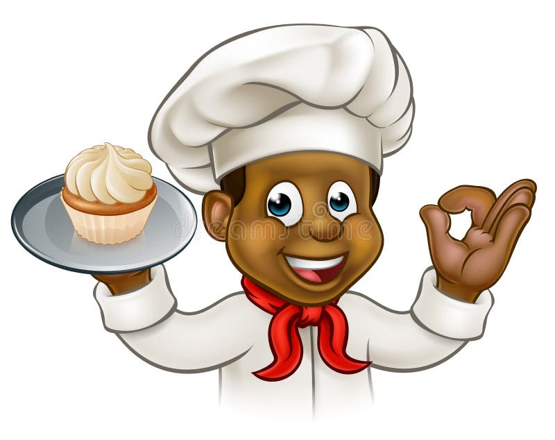 A cartoon black pastry chef or baker character holding a plate with a cupcake or fairy cake on it. A cartoon black pastry chef or baker character holding a plate with a cupcake or fairy cake on it