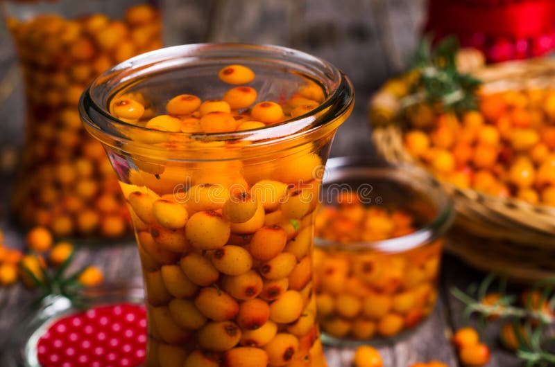 Bagas do espinheiro cerval de mar com xarope fotografia de stock royalty free