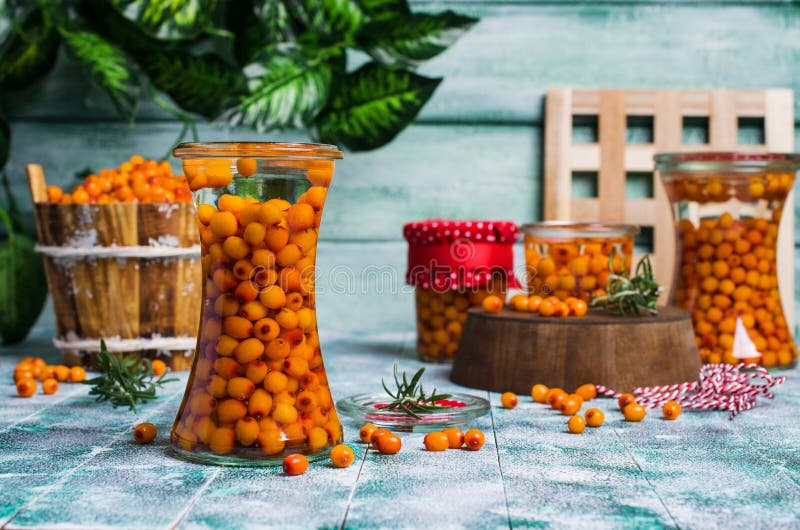 Bagas do espinheiro cerval de mar com xarope fotos de stock royalty free