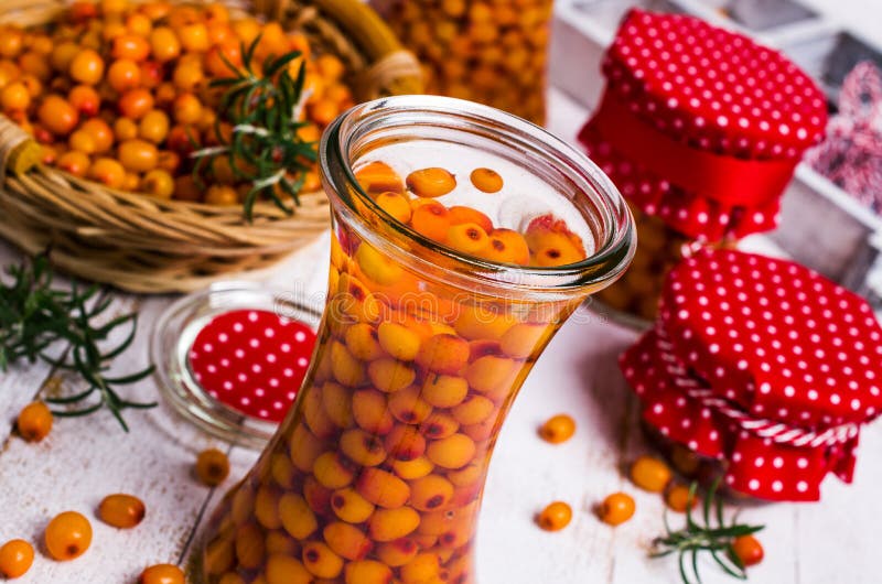 Bagas do espinheiro cerval de mar com xarope fotografia de stock