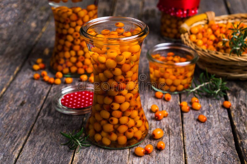 Bagas do espinheiro cerval de mar com xarope imagem de stock