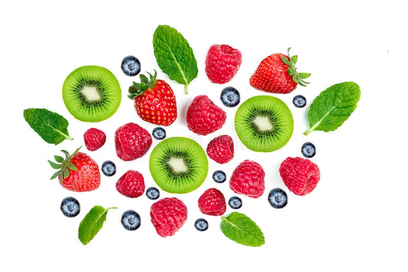 Bagas frescas e frutos de quivi isolados no fundo branco, parte superior fotografia de stock royalty free Bagas frescas e frutos de quivi isolados no fundo branco, parte superior fotografia de stock royalty free