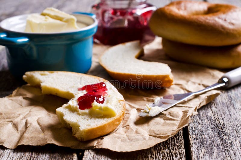 Bagel with butter and jam stock photo. Image of healthy 61017082