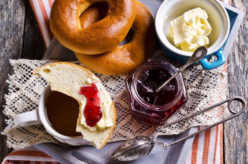 Bagel with butter and jam stock photo. Image of circle 61069000