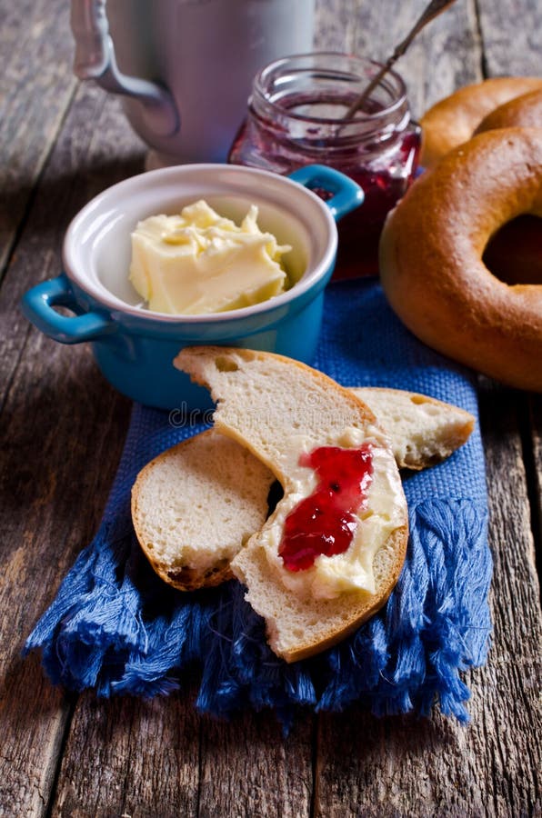 Bagel with butter and jam stock photo. Image of circle 61069000