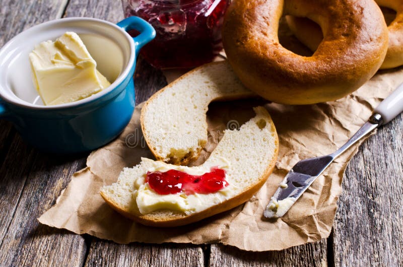 Bagel with butter and jam stock image. Image of brunch 61071463
