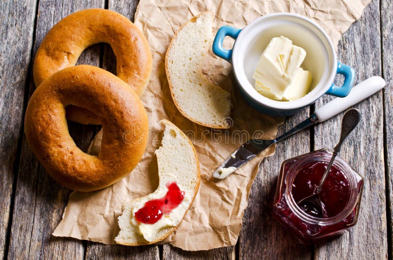 Bagel with butter and jam stock photo. Image of brunch 61069000