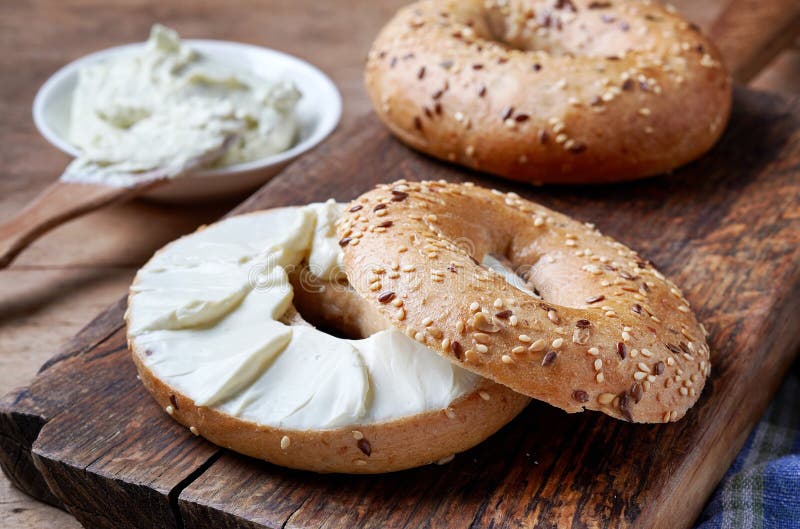 Bagel And Cream Cheese Stock Photo - Download Image Now - Cream