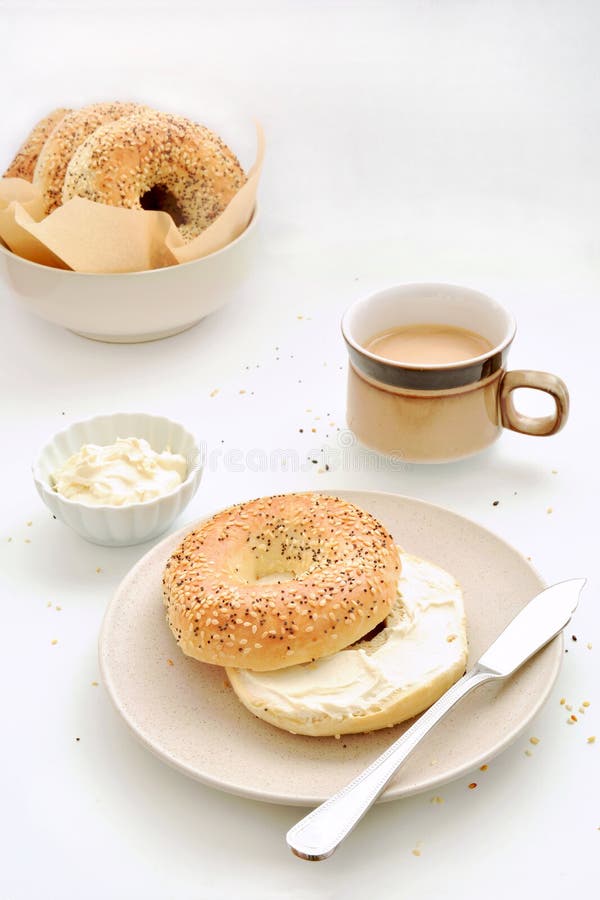 Bagels and Coffee Breakfast Stock Image Image of knife, nutritious