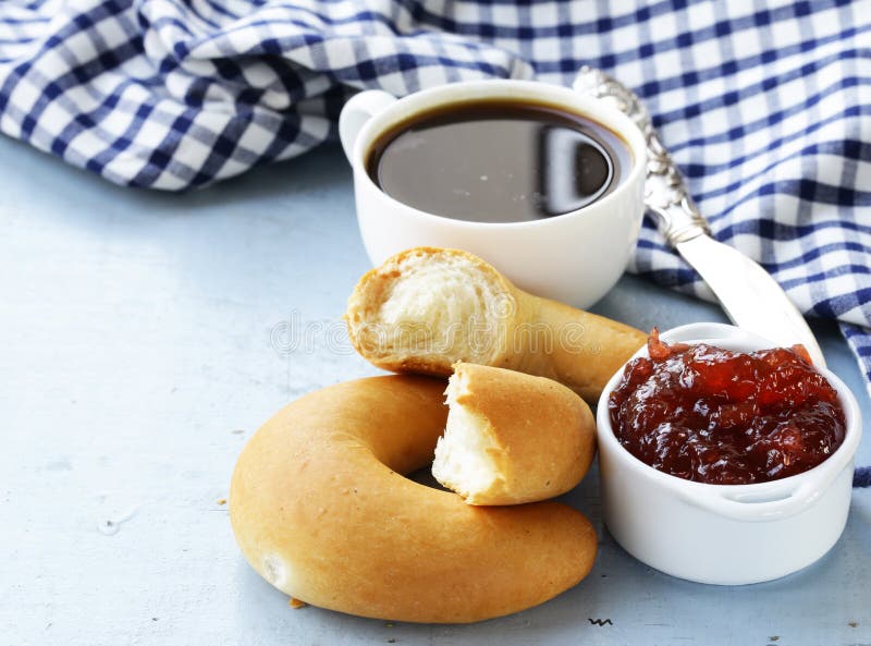 Bagels, jam and coffee stock photo. Image of dough, breakfast 78236476