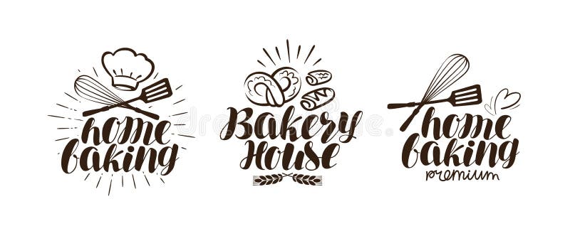 Bakery, bakehouse logo or label. Home baking lettering isolated on white background. Bakery, bakehouse logo or label. Home baking lettering isolated on white background
