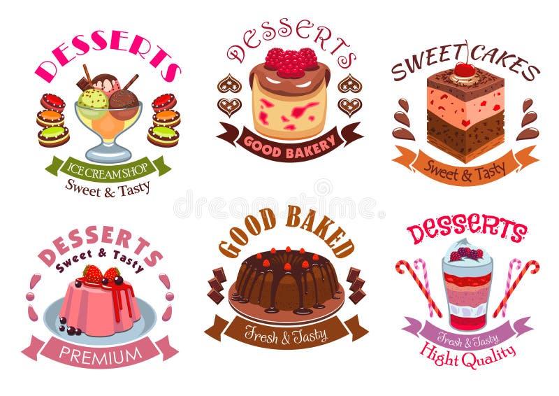 Bakery desserts, pastry cakes emblem labels set. Vector icons of dessert and sweet souffle cupcakes, berry pudding, fruit ice cream scoops bowl, chocolate pie. Vector emblem design for patisserie menu, cafe, pastry shop. Bakery desserts, pastry cakes emblem labels set. Vector icons of dessert and sweet souffle cupcakes, berry pudding, fruit ice cream scoops bowl, chocolate pie. Vector emblem design for patisserie menu, cafe, pastry shop