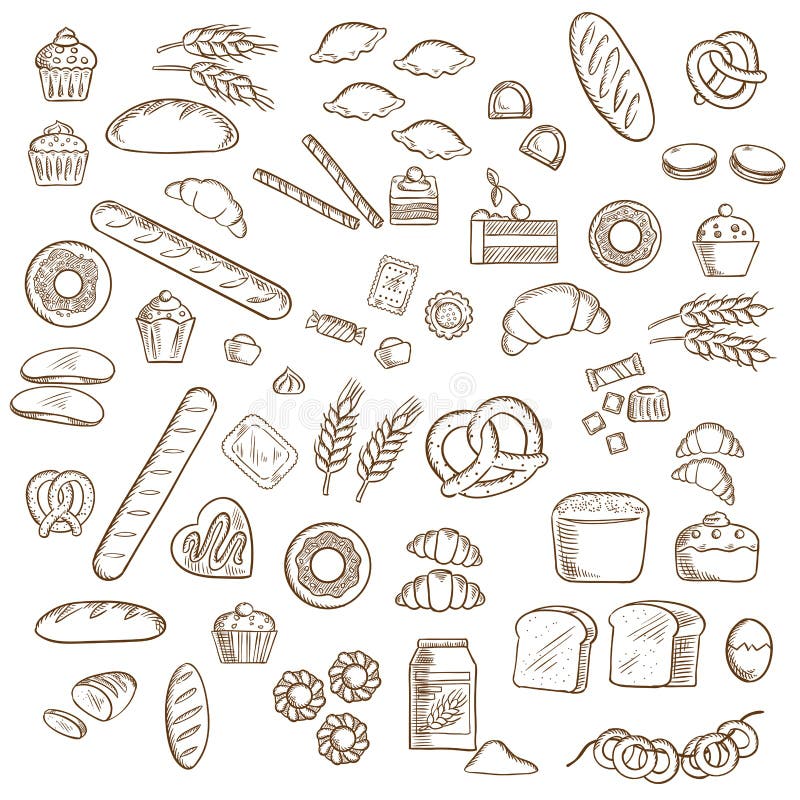 Bakery, pastry and confectionery sketched icons with various breads and loafs, croissants and pretzels, donuts and cakes, cookies and cupcakes, candies and bagels. Bakery, pastry and confectionery sketched icons with various breads and loafs, croissants and pretzels, donuts and cakes, cookies and cupcakes, candies and bagels