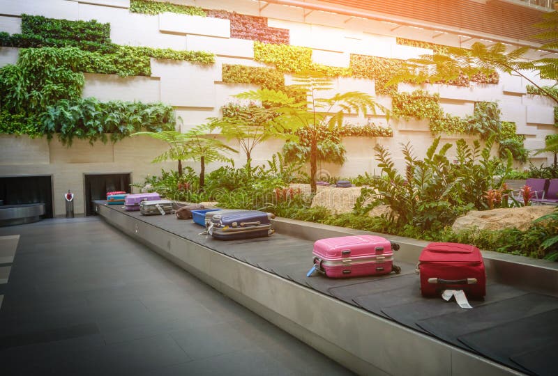 Baggage on conveyer belt in airport