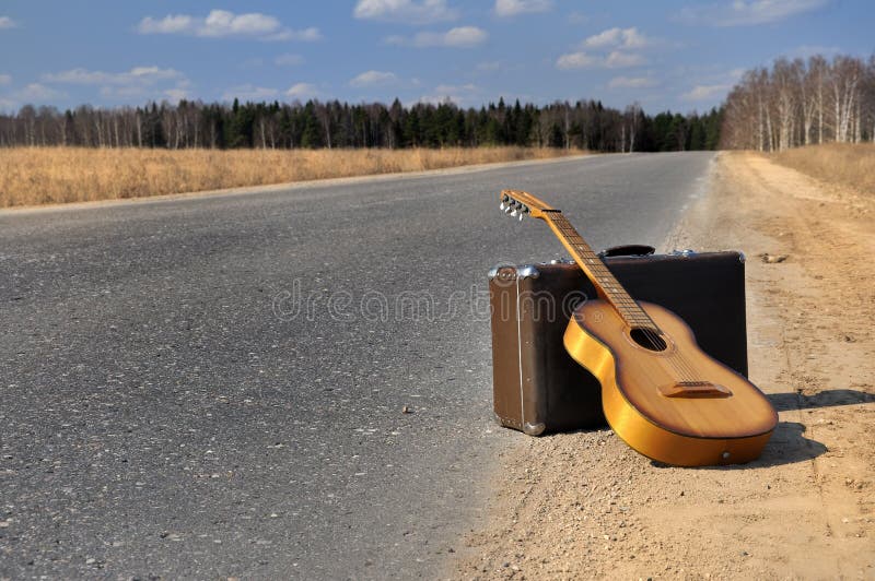 Baggage and Guitar on Empty Road Stock Image Image of road, departure
