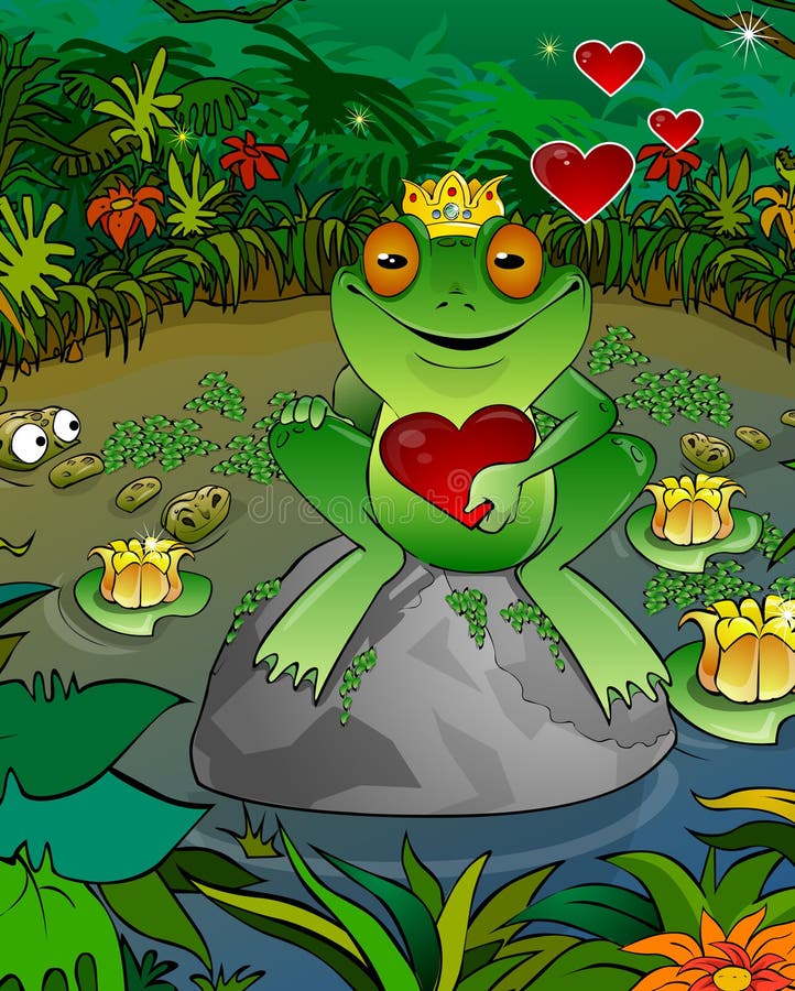 Frog prince on a background of a bog with heart. Frog prince on a background of a bog with heart