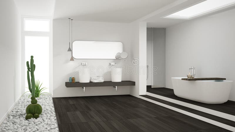 Bagno Bianco Minimalista Con Il Giardino Succulente, Pavimento Di ...