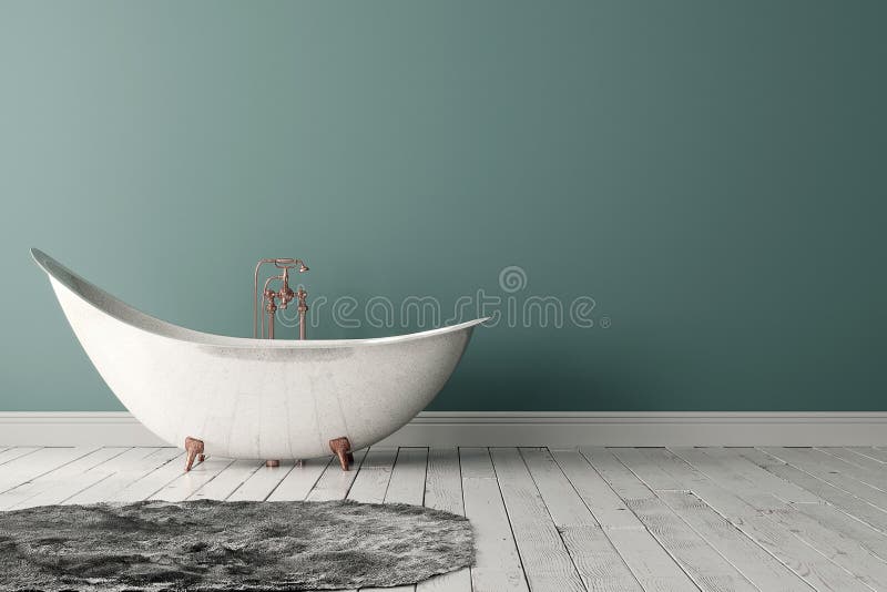 Bagno con tappeto, il pavimento di legno e la parete ruvida