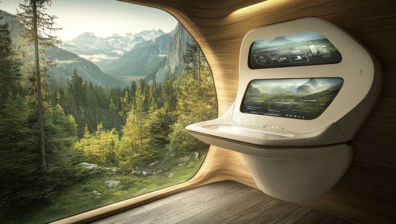 Bagno moderno con doppi lavabi e finestre oversize fotografia stock