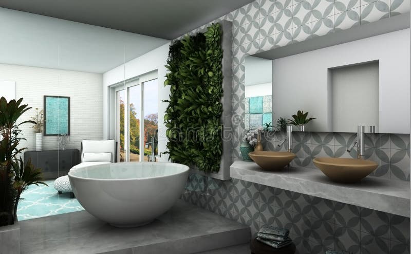 Bagno moderno con il giardino verticale e la vibrazione orientale illustrazione vettoriale
