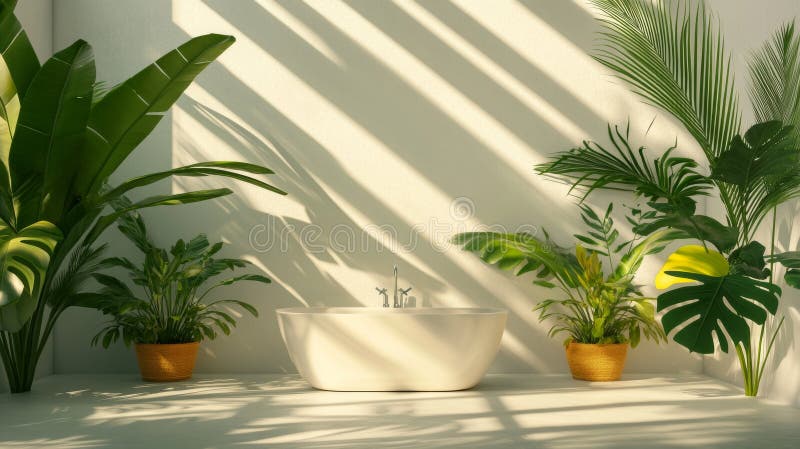 Bagno moderno con vasca freestanding e piante rigogliose immagini stock