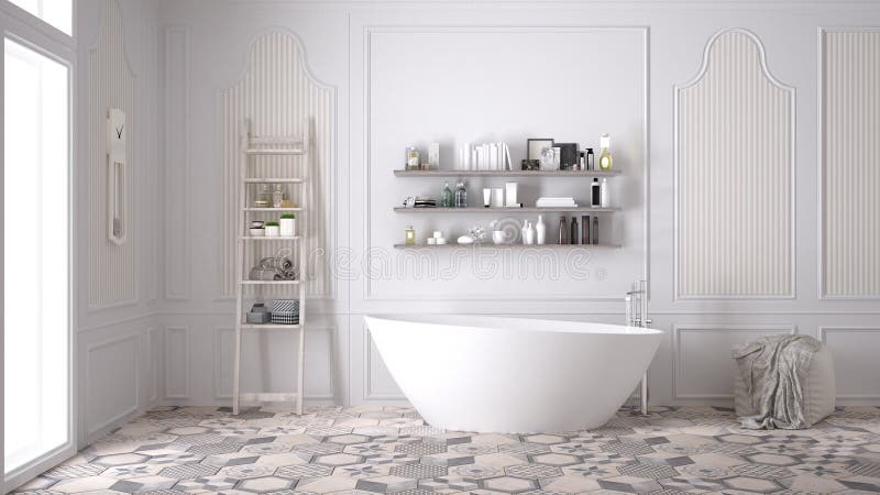 Bagno scandinavo, interior design d'annata bianco classico immagini stock libere da diritti Bagno scandinavo, interior design d'annata bianco classico immagini stock libere da diritti