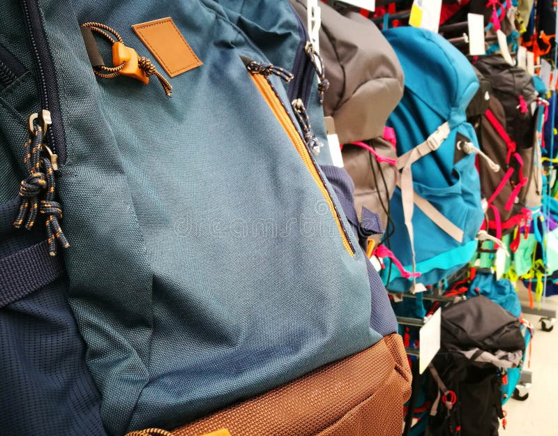 Bags And Backpacks In Different Types And Colors In Store stock photo