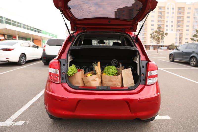 Bags Full of Groceries in Car Trunk Outdoors Stock Photo Image of