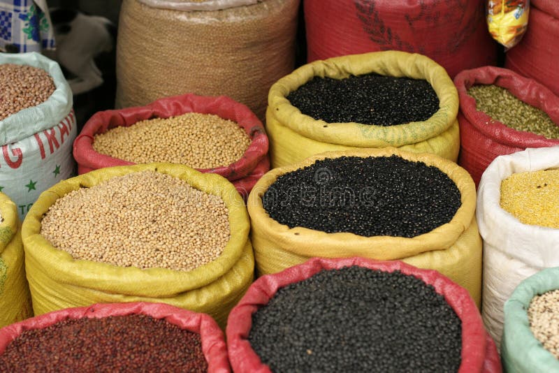 Bags of Grain for Sale stock image. Image of store, bags 1389053